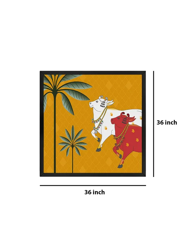 Box_Fiber_Frame_Traditional_Indian_Cow_pichwai_Art_Print_-_Colorful_White_and_Red_Cows_with_Palm_Trees_on_Golden_Background_(BLF36X360142)