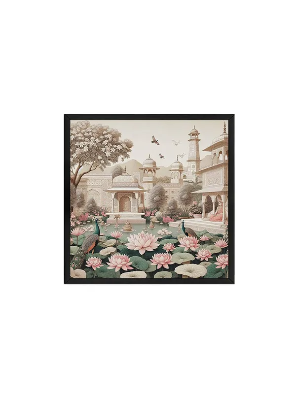 Box_Fiber_Frame_Traditional_Indian_Garden_Art_Print_-_Serene_Lotus_Pond_and_Elegant_Architecture_with_Peacocks_for_Tranquil_Home_D�cor_(BLF36X360147)