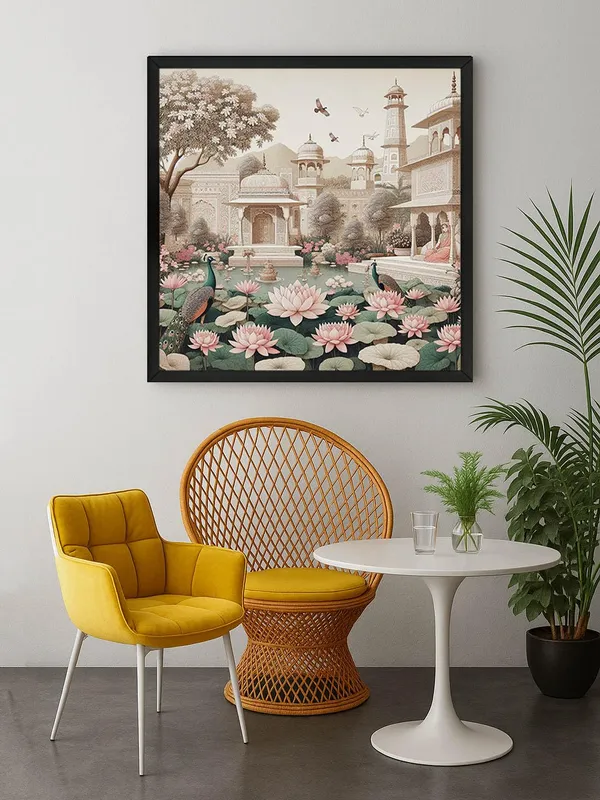 Box_Fiber_Frame_Traditional_Indian_Garden_Art_Print_-_Serene_Lotus_Pond_and_Elegant_Architecture_with_Peacocks_for_Tranquil_Home_D�cor_(BLF36X360147)