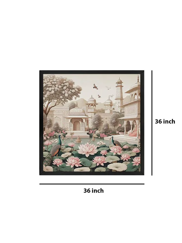 Box_Fiber_Frame_Traditional_Indian_Garden_Art_Print_-_Serene_Lotus_Pond_and_Elegant_Architecture_with_Peacocks_for_Tranquil_Home_D�cor_(BLF36X360147)