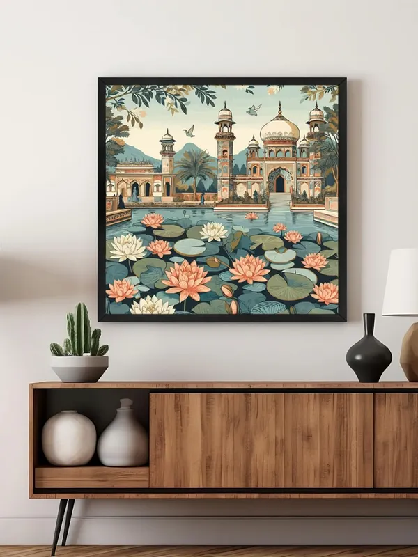 Box_Fiber_Frame_indian_art_lotus_flowers_and_the_architectural_beauty_of_the_palace_lotus_flower_painting_for_bedroom_(BLF24X240222)