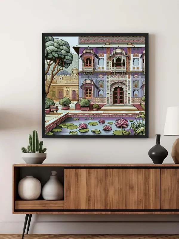 Box_Fiber_Frame_Traditional_Indian_Palace_Art_Print_-_Ornate_Architecture_with_Lotus_Pond_and_Vibrant_Colors_for_Elegant_Home_Decor_(BLF24X240159)