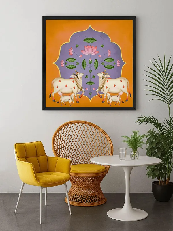 Box_Fiber_Frame_Vibrant_Ornamental_Cow_and_Lotus_Flower_Art_Print_-_Traditional_Decorative_Painting_with_Bold_Color_Palette_and_Elegant_Gold_Accents_(BLF36X360171)
