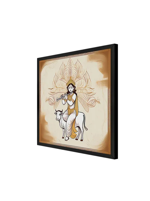 Box_Fiber_Frame_Traditional_Indian_Art_Print_-_Lord_Krishna_Playing_Flute_on_Cow_with_Intricate_Gold_Accents_for_Elegant_Home_Decor_(BLF24X240151)