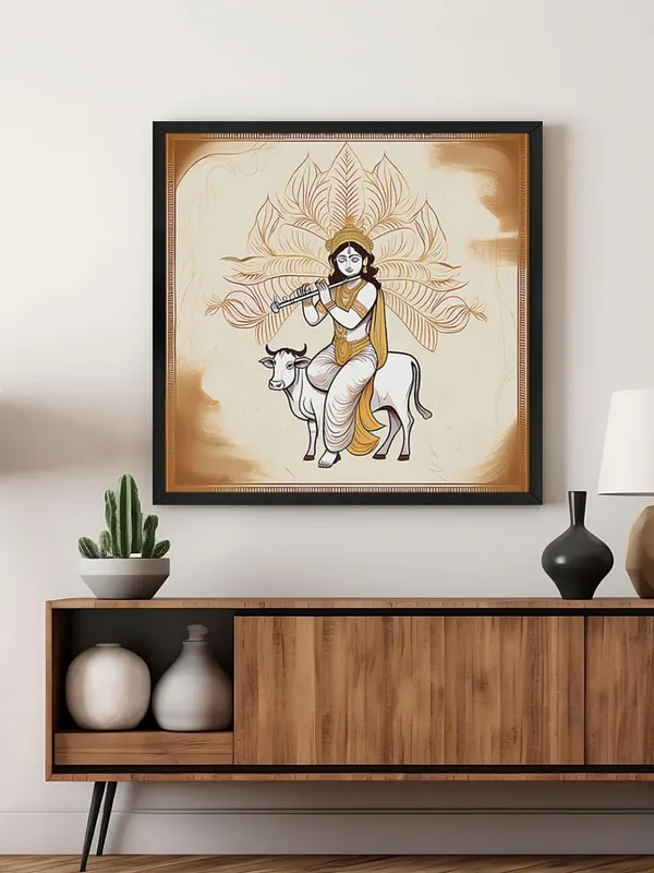 Box_Fiber_Frame_Traditional_Indian_Art_Print_-_Lord_Krishna_Playing_Flute_on_Cow_with_Intricate_Gold_Accents_for_Elegant_Home_Decor_(BLF24X240151)