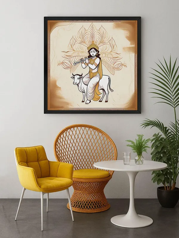 Box_Fiber_Frame_Traditional_Indian_Art_Print_-_Lord_Krishna_Playing_Flute_on_Cow_with_Intricate_Gold_Accents_for_Elegant_Home_Decor_(BLF24X240151)