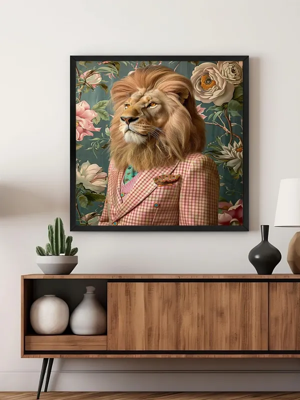 Box_Fiber_Frame_Lion_in_Checkered_Suit_Canvas-Wrapped_Painting_36X36_-_Unique_Animal_Art_Decor_(BLF36X360331)