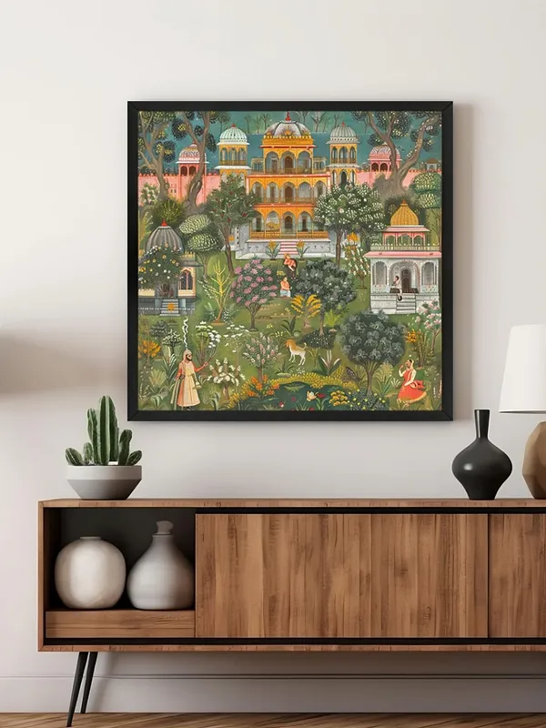 Box_Fiber_Frame_Garden_of_Serenity_of_a_detailed_lush_garden_with_a_traditional_palace_mughal_paintings_for_wall_(BLF36X360188)