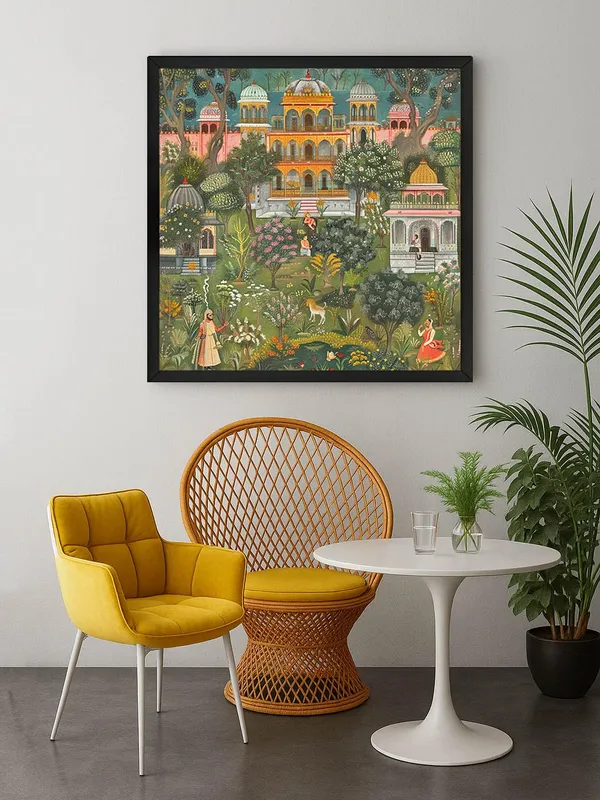 Box_Fiber_Frame_Garden_of_Serenity_of_a_detailed_lush_garden_with_a_traditional_palace_mughal_paintings_for_wall_(BLF36X360188)