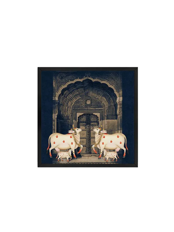 Box_Fiber_Frame_Traditional_Indian_Art_Print_-_White_Cows_with_Calves_in_Front_of_Intricate_Archway_for_Elegant_Home_D�cor_(BLF36X360153)