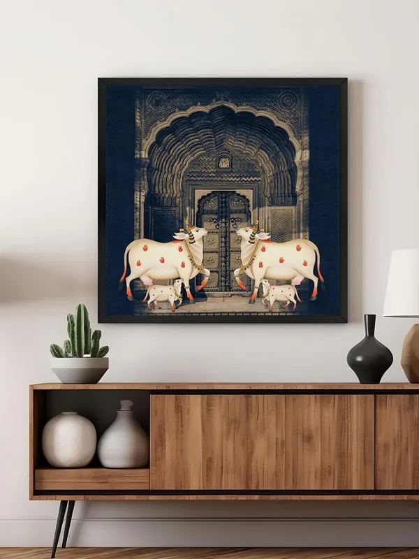 Box_Fiber_Frame_Traditional_Indian_Art_Print_-_White_Cows_with_Calves_in_Front_of_Intricate_Archway_for_Elegant_Home_D�cor_(BLF36X360153)