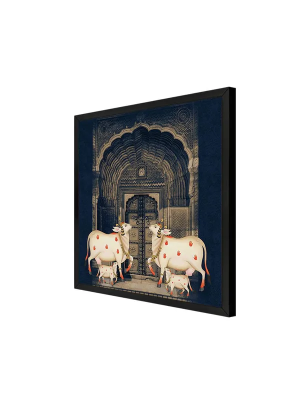 Box_Fiber_Frame_Traditional_Indian_Art_Print_-_White_Cows_with_Calves_in_Front_of_Intricate_Archway_for_Elegant_Home_D�cor_(BLF24X240153)