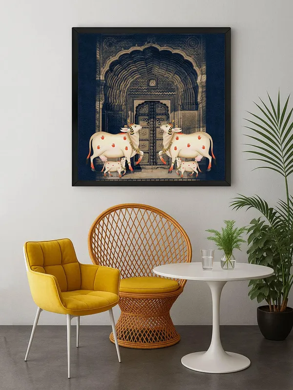 Box_Fiber_Frame_Traditional_Indian_Art_Print_-_White_Cows_with_Calves_in_Front_of_Intricate_Archway_for_Elegant_Home_D�cor_(BLF24X240153)