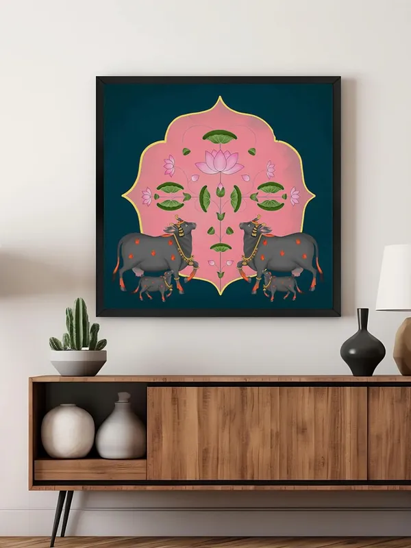Box_Fiber_Frame_Symmetrical_Cow_and_Lotus_Flower_Art_Print_-_Decorative_Traditional_Painting_with_Bold_Color_Palette_and_Elegant_Gold_Accents_(BLF24X240169)