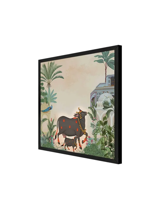Box_Fiber_Frame_Traditional_Indian_Garden_Art_Print_-_Elegant_Black_Cow_and_Calf_with_Tropical_Foliage_and_Historic_Architecture_for_Serene_Home_D�cor_(BLF36X360152)