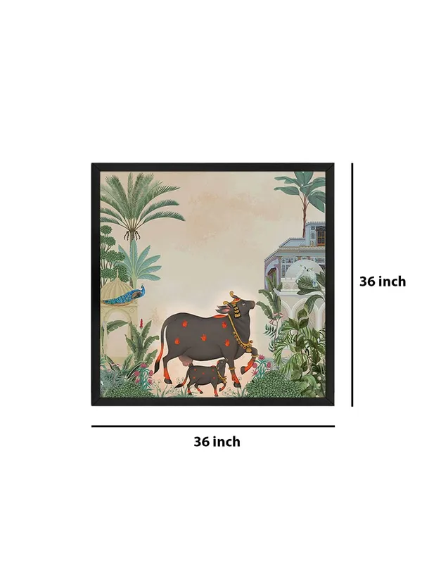 Box_Fiber_Frame_Traditional_Indian_Garden_Art_Print_-_Elegant_Black_Cow_and_Calf_with_Tropical_Foliage_and_Historic_Architecture_for_Serene_Home_D�cor_(BLF36X360152)