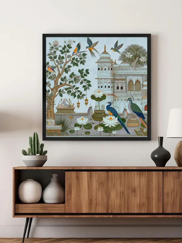 Box_Fiber_Frame_Traditional_Indian_Garden_Art_Print_-_Elegant_Peacocks_and_Birds_with_Lush_Foliage_and_Historic_Architecture_(BLF36X360161)