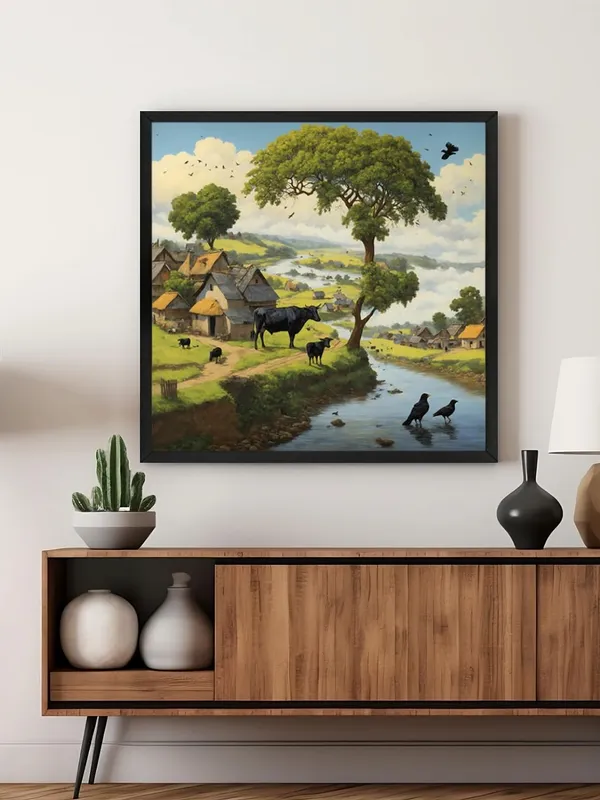 Box_Fiber_Frame_a_peaceful_village_scene_by_a_river_with_cows_grazing_and_birds_by_the_watervillage_scene_painting_vastu_(BLF24X240177)