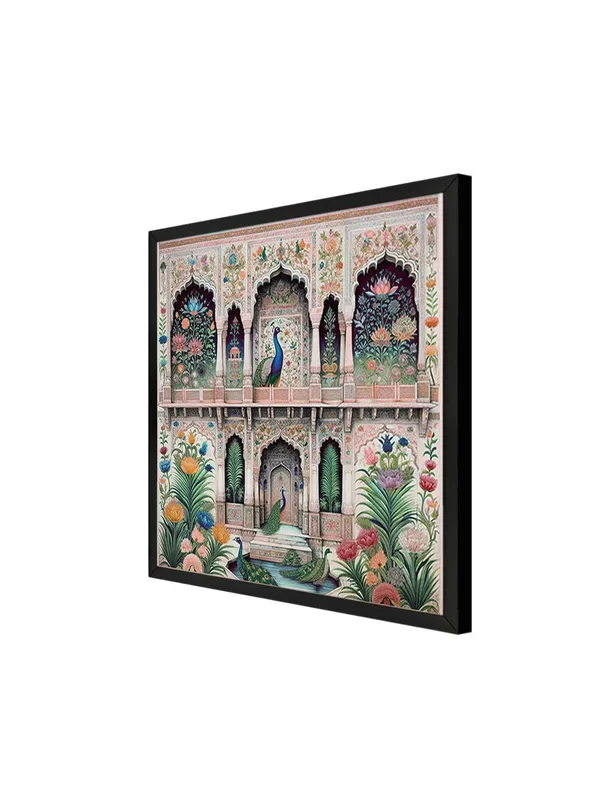 Box_Fiber_Frame_Traditional_Indian_Architectural_Art_Print_-_Intricate_Floral_Patterns_and_Elegant_Peacocks_on_Vibrant_Fa�ade_(BLF36X360157)