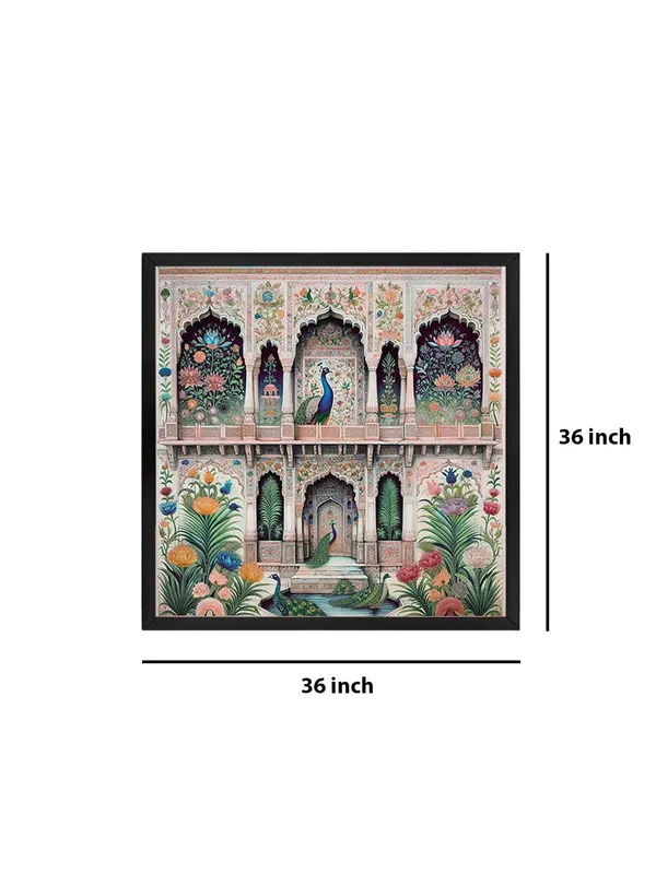 Box_Fiber_Frame_Traditional_Indian_Architectural_Art_Print_-_Intricate_Floral_Patterns_and_Elegant_Peacocks_on_Vibrant_Fa�ade_(BLF36X360157)