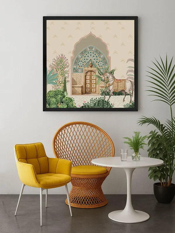 Box_Fiber_Frame_Traditional_Indian_Courtyard_Art_Print_-_Ornate_Entrance_with_Lush_Greenery_and_Elegantly_Adorned_Horse_(BLF36X360166)