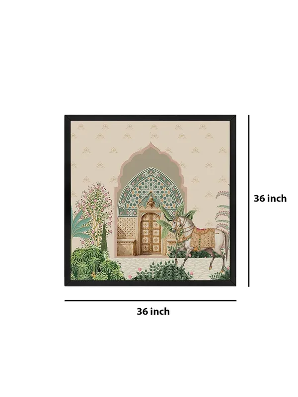 Box_Fiber_Frame_Traditional_Indian_Courtyard_Art_Print_-_Ornate_Entrance_with_Lush_Greenery_and_Elegantly_Adorned_Horse_(BLF36X360166)