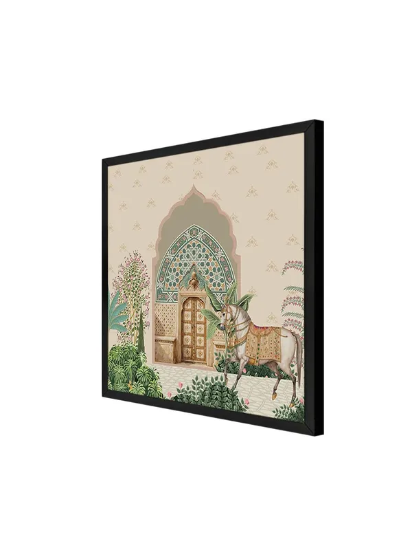 Box_Fiber_Frame_Traditional_Indian_Courtyard_Art_Print_-_Ornate_Entrance_with_Lush_Greenery_and_Elegantly_Adorned_Horse_(BLF24X240166)