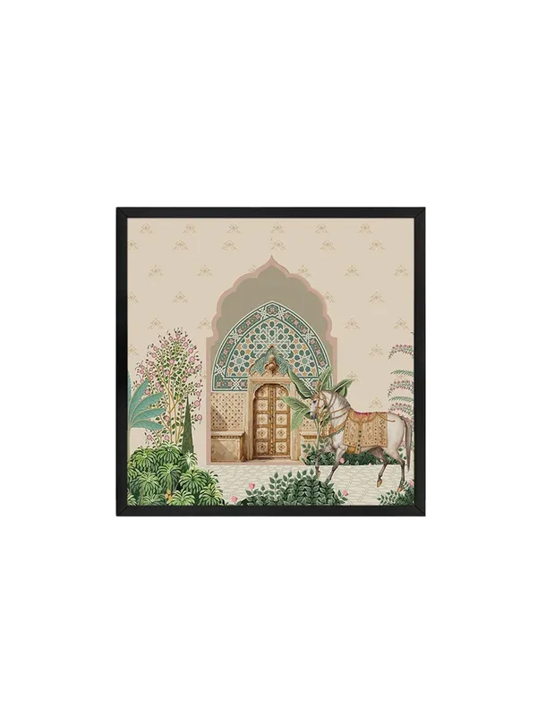 Box_Fiber_Frame_Traditional_Indian_Courtyard_Art_Print_-_Ornate_Entrance_with_Lush_Greenery_and_Elegantly_Adorned_Horse_(BLF24X240166)