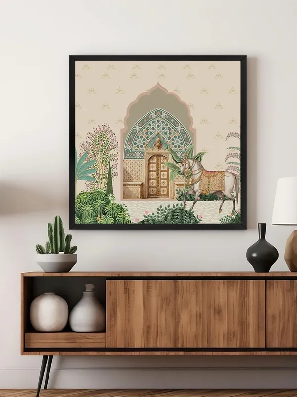 Box_Fiber_Frame_Traditional_Indian_Courtyard_Art_Print_-_Ornate_Entrance_with_Lush_Greenery_and_Elegantly_Adorned_Horse_(BLF24X240166)