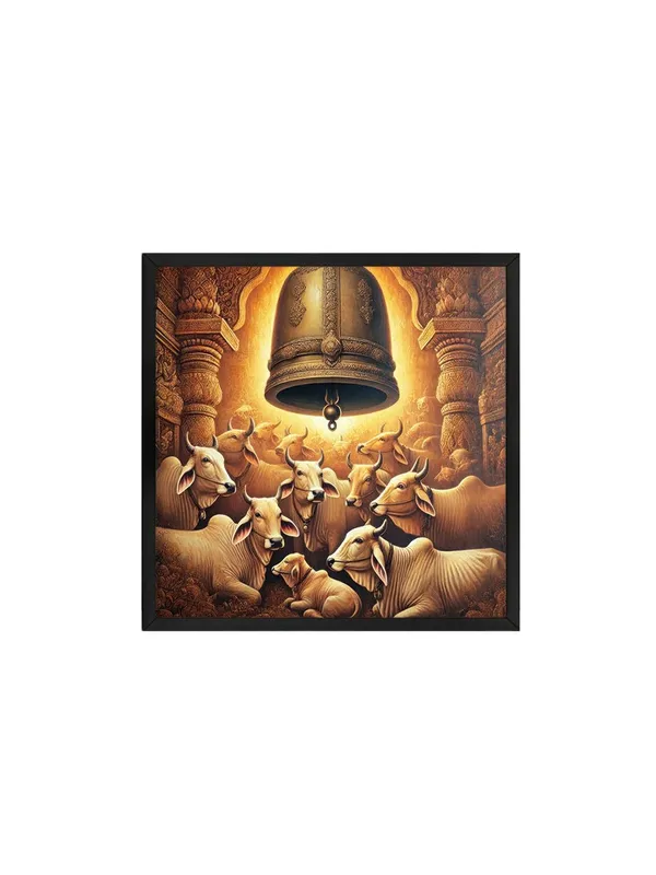 Box_Fiber_Frame_Cows_Resting_Underneath_a_Large_Temple_Bell_-_Canvas_Painting_|_Sacred_Animal_Art,_Indian_Cultural_Painting,_Hindu_Symbolism_Decor_(BLF24X240248)