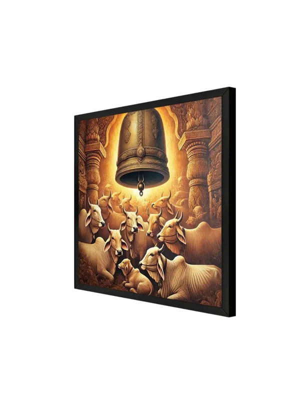 Box_Fiber_Frame_Cows_Resting_Underneath_a_Large_Temple_Bell_-_Canvas_Painting_|_Sacred_Animal_Art,_Indian_Cultural_Painting,_Hindu_Symbolism_Decor_(BLF24X240248)