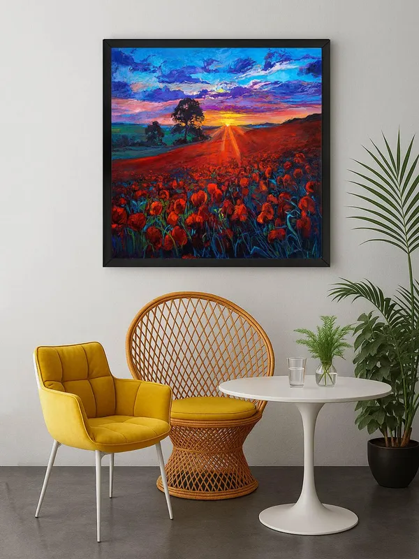 Box_Fiber_Frame_Canvas-Wrapped_Poppy_Field_Sunset_Painting,_36X36_�_Vibrant_Landscape_Art,_Romantic_Countryside,_Ideal_for_Living_Room_(BLF36X360443)