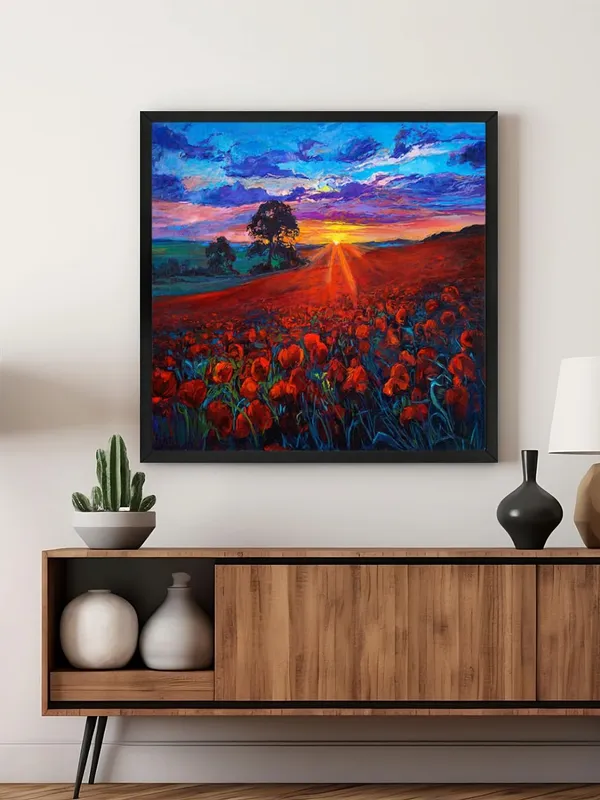 Box_Fiber_Frame_Canvas-Wrapped_Poppy_Field_Sunset_Painting,_36X36_�_Vibrant_Landscape_Art,_Romantic_Countryside,_Ideal_for_Living_Room_(BLF36X360443)