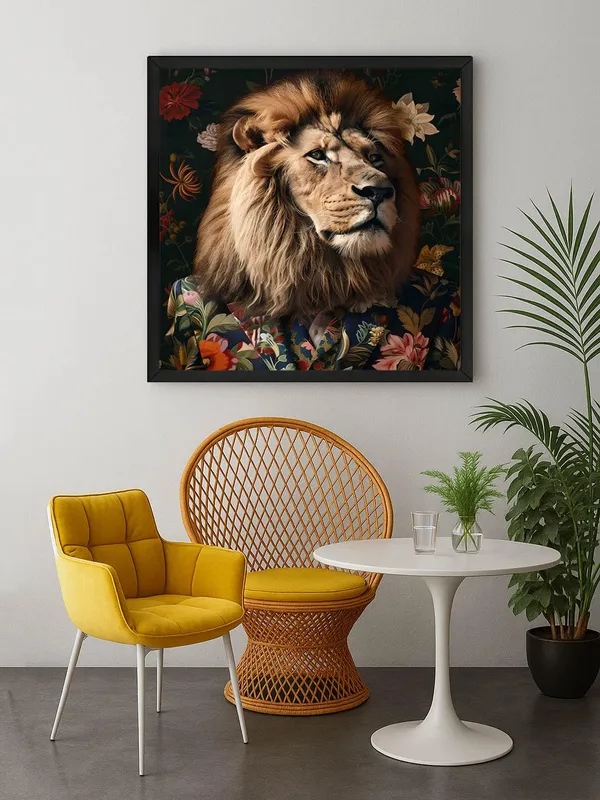 Box_Fiber_Frame_Lion_in_Floral_Jacket_Canvas-Wrapped_Painting,_36X36_Distinctive_Art_for_Contemporary_Settings_(BLF36X360326)