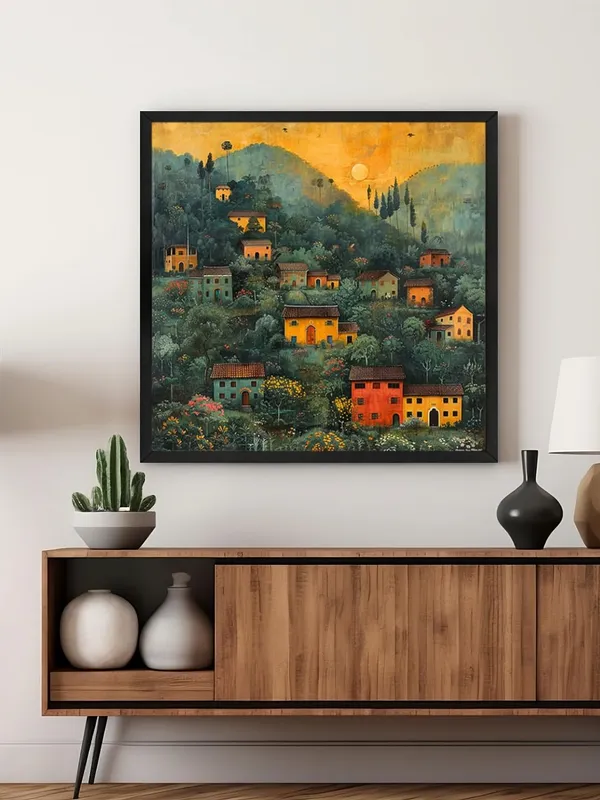 Box_Fiber_Frame_Village_at_Dawn_in_the_Hills_a_cluster_of_houses_nestled_among_the_hills_under_the_soft_morning_light_village_scenery_with_frame_(BLF36X360183)