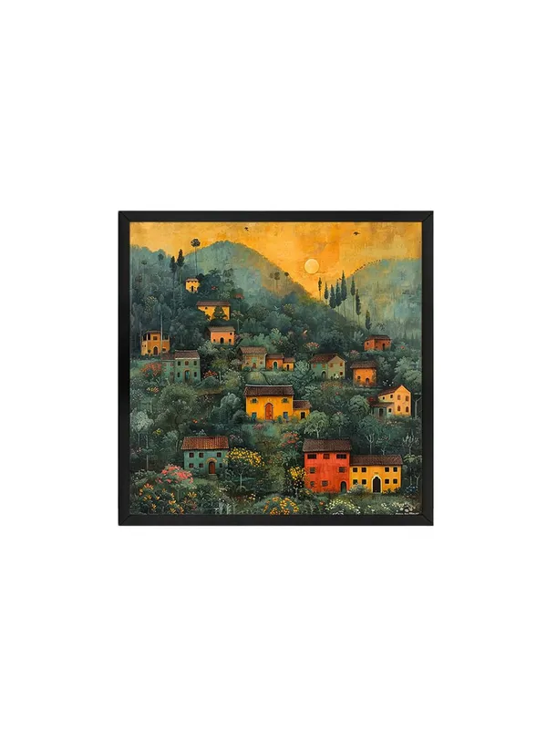 Box_Fiber_Frame_Village_at_Dawn_in_the_Hills_a_cluster_of_houses_nestled_among_the_hills_under_the_soft_morning_light_village_scenery_with_frame_(BLF36X360183)
