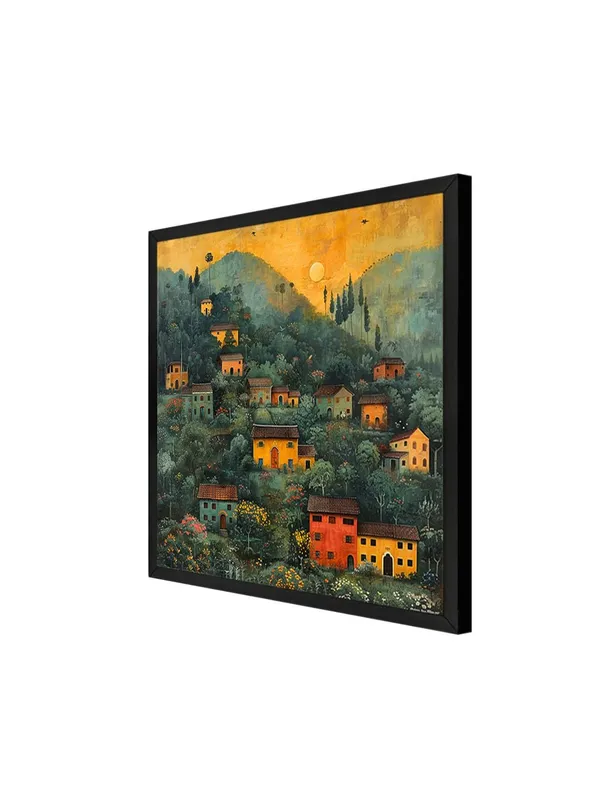 Box_Fiber_Frame_Village_at_Dawn_in_the_Hills_a_cluster_of_houses_nestled_among_the_hills_under_the_soft_morning_light_village_scenery_with_frame_(BLF36X360183)