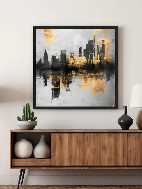 Box_Fiber_Frame_Gold_and_Black_Cityscape_Canvas-Wrapped_Painting_36X36_-_Urban_Skyline_with_Metallic_Highlights_(BLF36X360369)