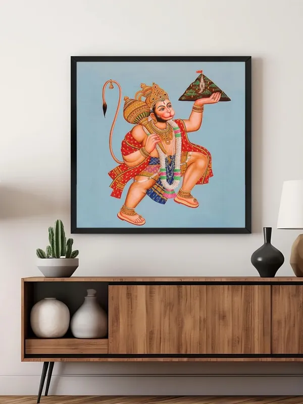 Box_Fiber_Frame_Hanuman_Carrying_the_Sanjeevani_Mountain_with_Devotion_-_Canvas_Painting_|_Ramayana_Art,_Hindu_Mythology_Decor,_Hanuman_Wall_Art_(BLF36X360256)