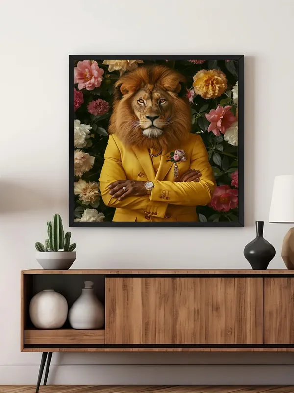 Box_Fiber_Frame_Lion_with_Pink_Flowers_Canvas-Wrapped_Painting,_24X24_Statement_Piece_for_Elegant_Spaces_(BLF24X240324)