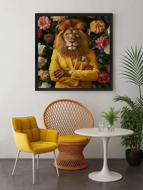 Box_Fiber_Frame_Lion_with_Pink_Flowers_Canvas-Wrapped_Painting,_24X24_Statement_Piece_for_Elegant_Spaces_(BLF24X240324)