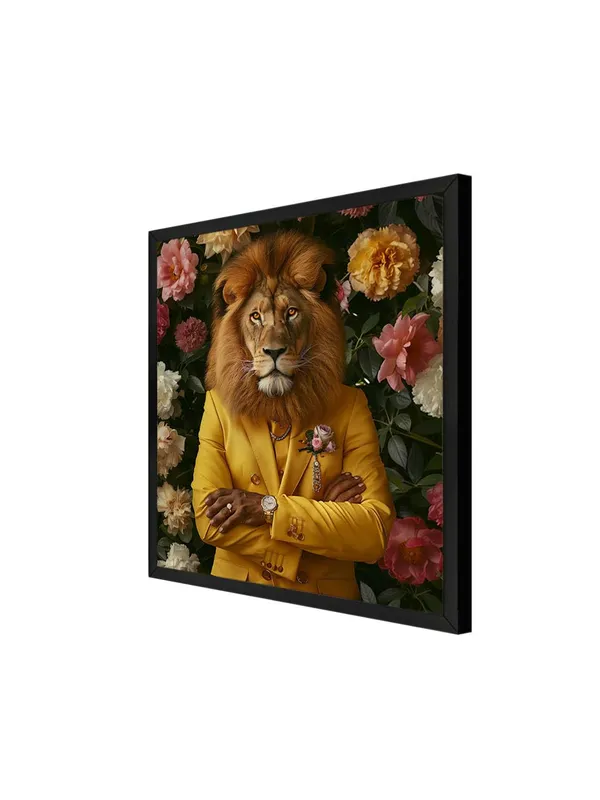 Box_Fiber_Frame_Lion_with_Pink_Flowers_Canvas-Wrapped_Painting,_24X24_Statement_Piece_for_Elegant_Spaces_(BLF24X240324)