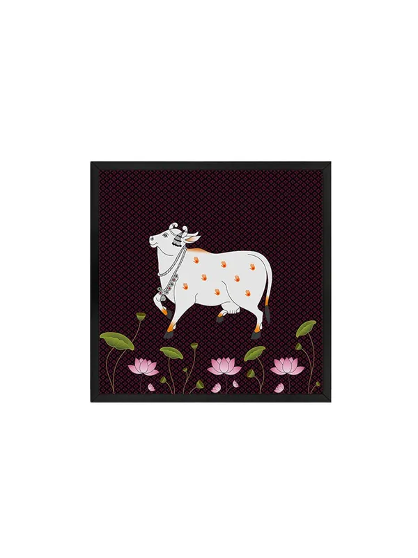 Box_Fiber_Frame_Traditional_Indian_Pichwai_Cow_Art_Print_-_Decorative_White_Cow_with_Jewelry_and_Lotus_Flowers_(BLF36X360137)