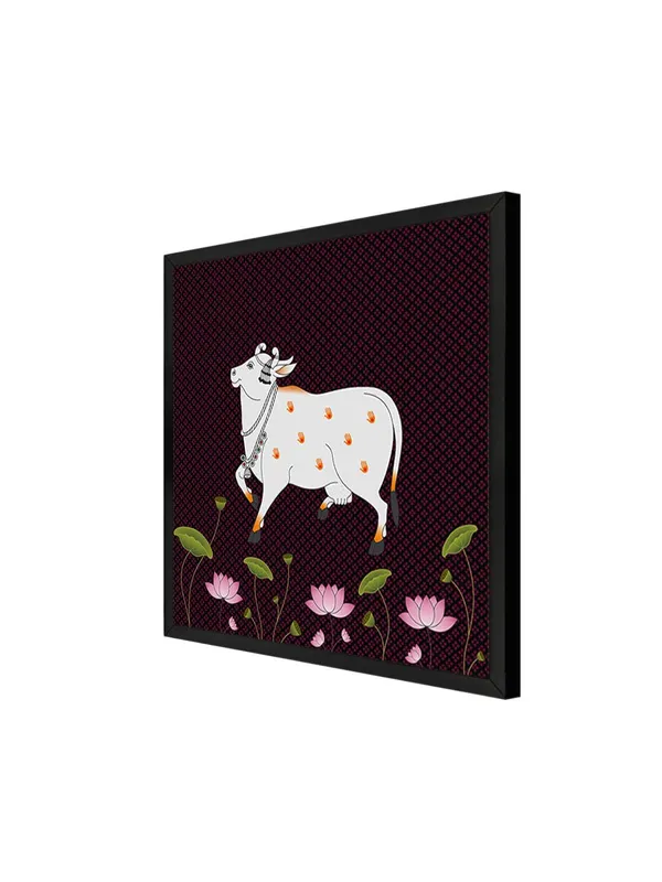 Box_Fiber_Frame_Traditional_Indian_Pichwai_Cow_Art_Print_-_Decorative_White_Cow_with_Jewelry_and_Lotus_Flowers_(BLF36X360137)