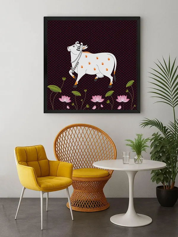 Box_Fiber_Frame_Traditional_Indian_Pichwai_Cow_Art_Print_-_Decorative_White_Cow_with_Jewelry_and_Lotus_Flowers_(BLF36X360137)
