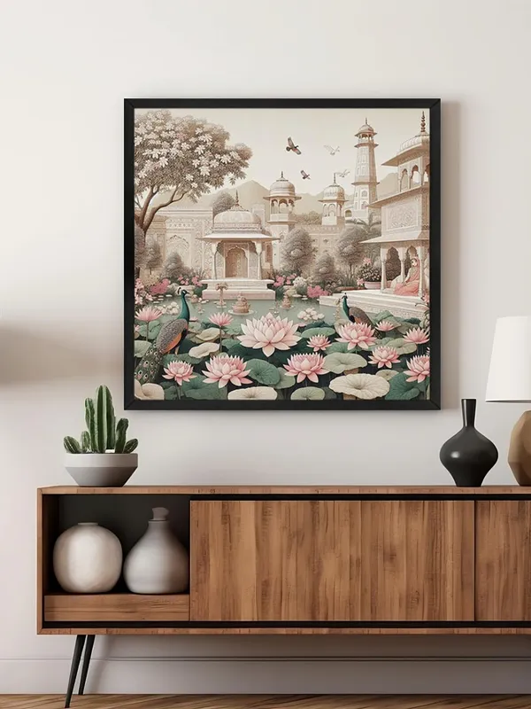 Box_Fiber_Frame_Traditional_Indian_Garden_Art_Print_-_Serene_Lotus_Pond_and_Elegant_Architecture_with_Peacocks_for_Tranquil_Home_D�cor_(BLF24X240147)