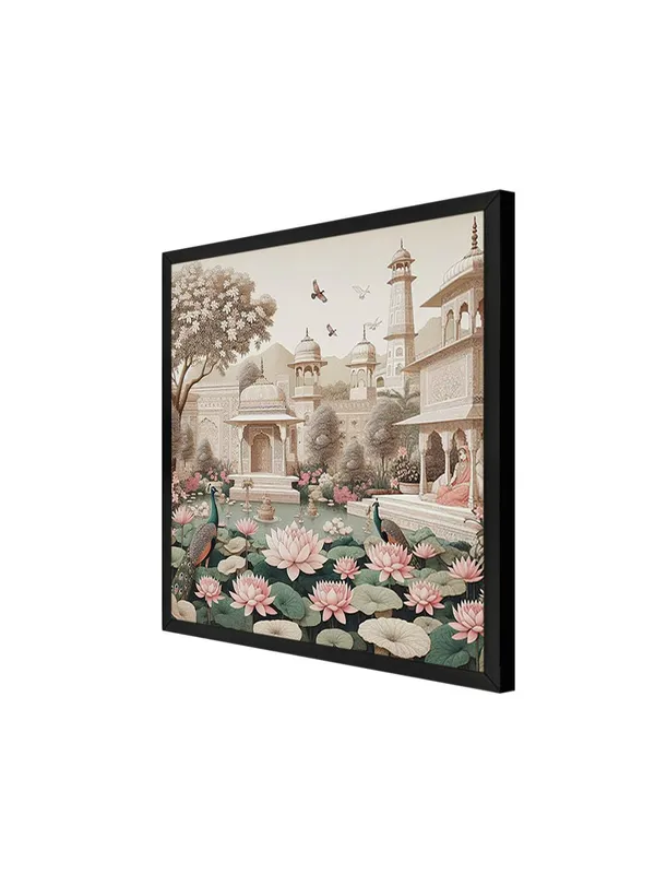Box_Fiber_Frame_Traditional_Indian_Garden_Art_Print_-_Serene_Lotus_Pond_and_Elegant_Architecture_with_Peacocks_for_Tranquil_Home_D�cor_(BLF24X240147)