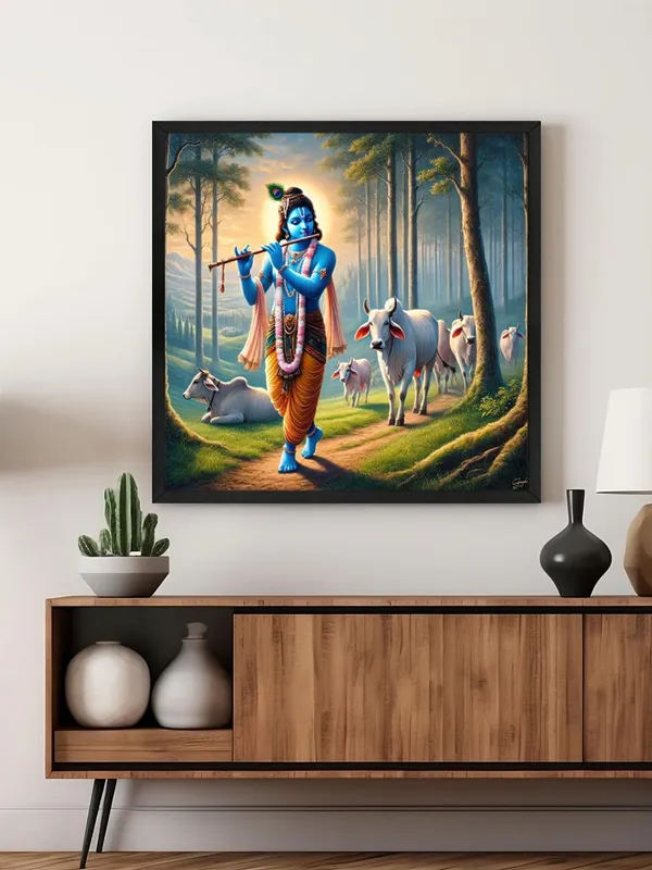 Box_Fiber_Frame_Lord_Krishna_with_Cows:_A_Divine_Canvas_Painting_Showcasing_Krishna�s_Blissful_Presence_Amidst_Nature_(BLF36X360306)