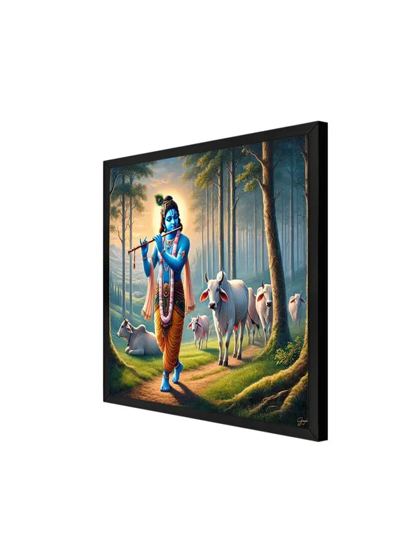 Box_Fiber_Frame_Lord_Krishna_with_Cows:_A_Divine_Canvas_Painting_Showcasing_Krishna�s_Blissful_Presence_Amidst_Nature_(BLF36X360306)