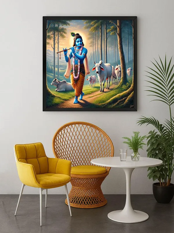 Box_Fiber_Frame_Lord_Krishna_with_Cows:_A_Divine_Canvas_Painting_Showcasing_Krishna�s_Blissful_Presence_Amidst_Nature_(BLF36X360306)